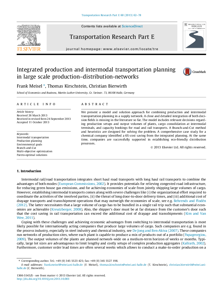 Integrated production and intermodal transportation planning in large scale production-distribution-networks