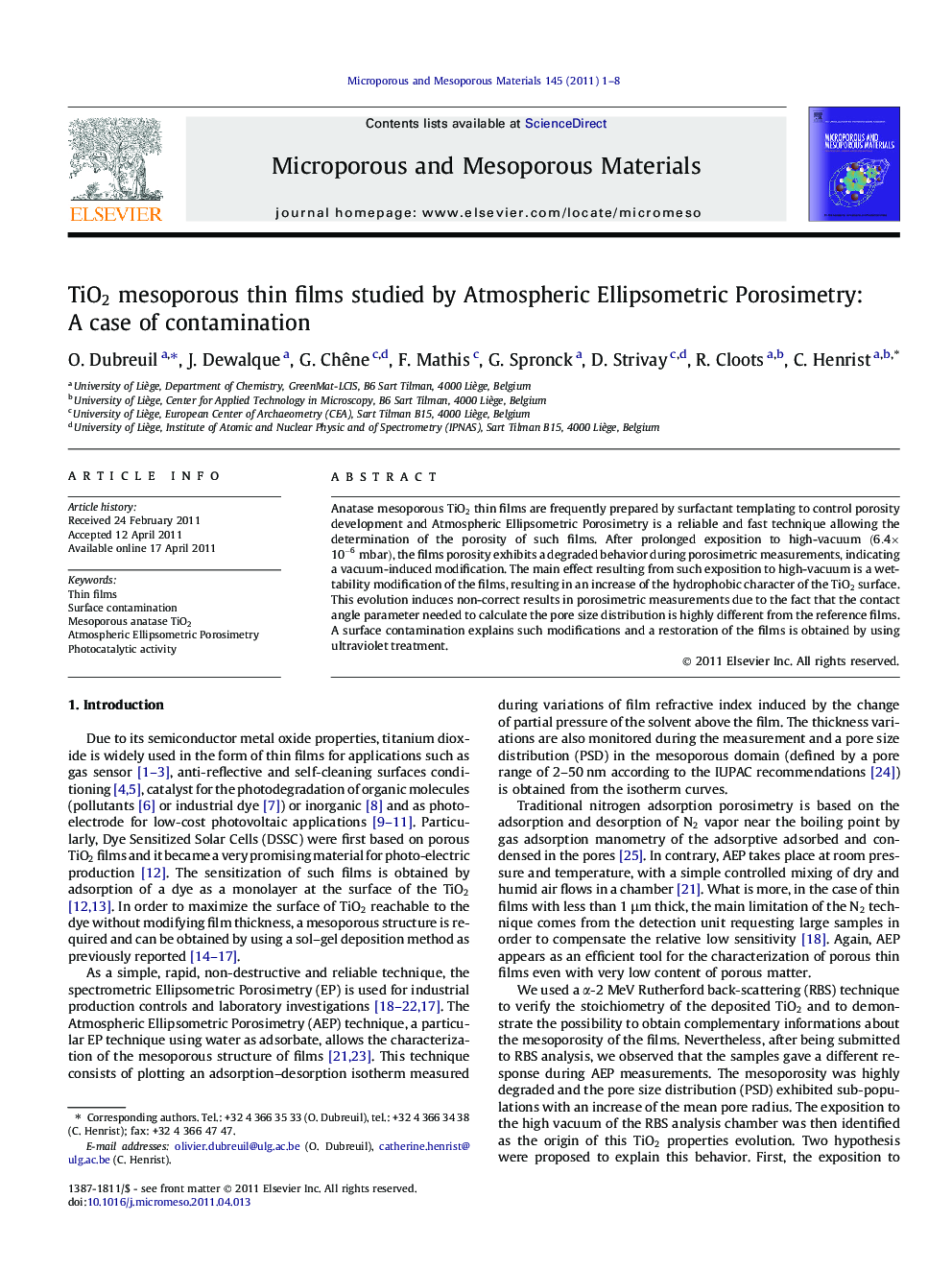 TiO2TiO2 mesoporous thin films studied by Atmospheric Ellipsometric Porosimetry: A case of contamination