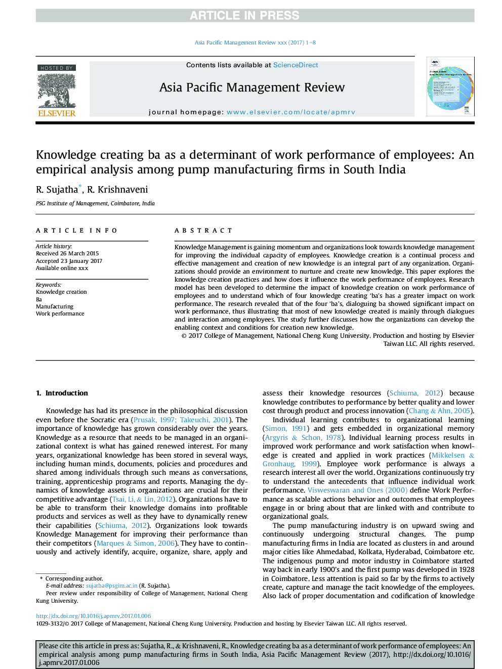 Knowledge creating ba as a determinant of work performance of employees: An empirical analysis among pump manufacturing firms in South India