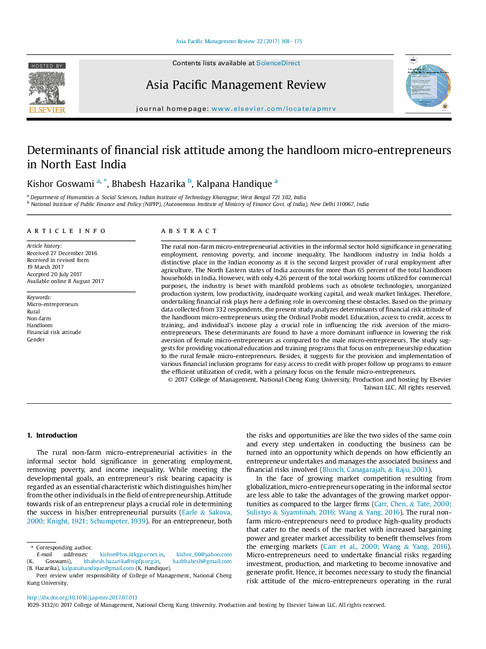 Determinants of financial risk attitude among the handloom micro-entrepreneurs in North East India