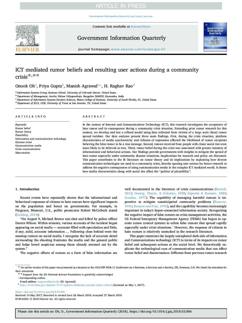 ICT mediated rumor beliefs and resulting user actions during a community crisis