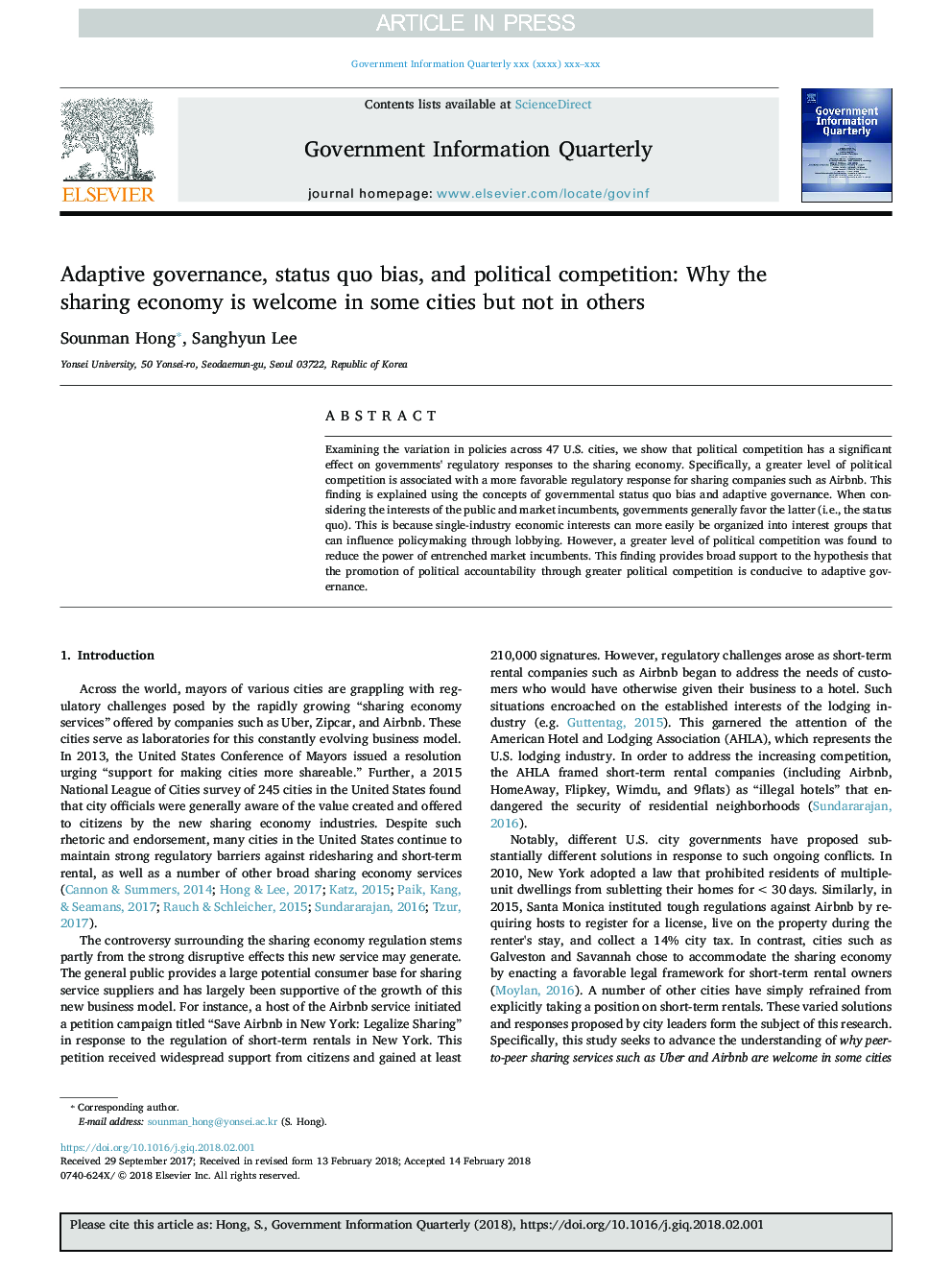 Adaptive governance, status quo bias, and political competition: Why the sharing economy is welcome in some cities but not in others