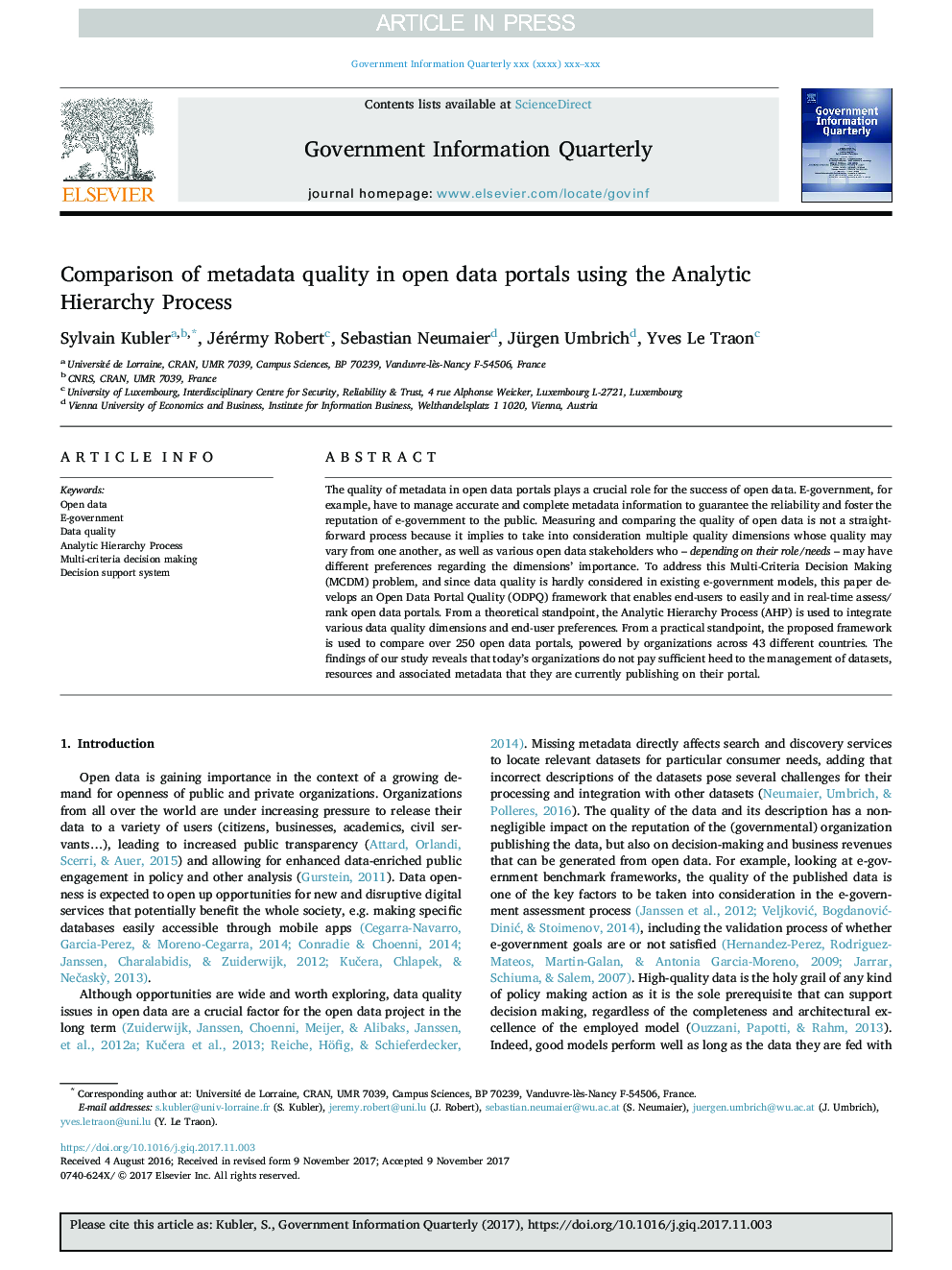 Comparison of metadata quality in open data portals using the Analytic Hierarchy Process