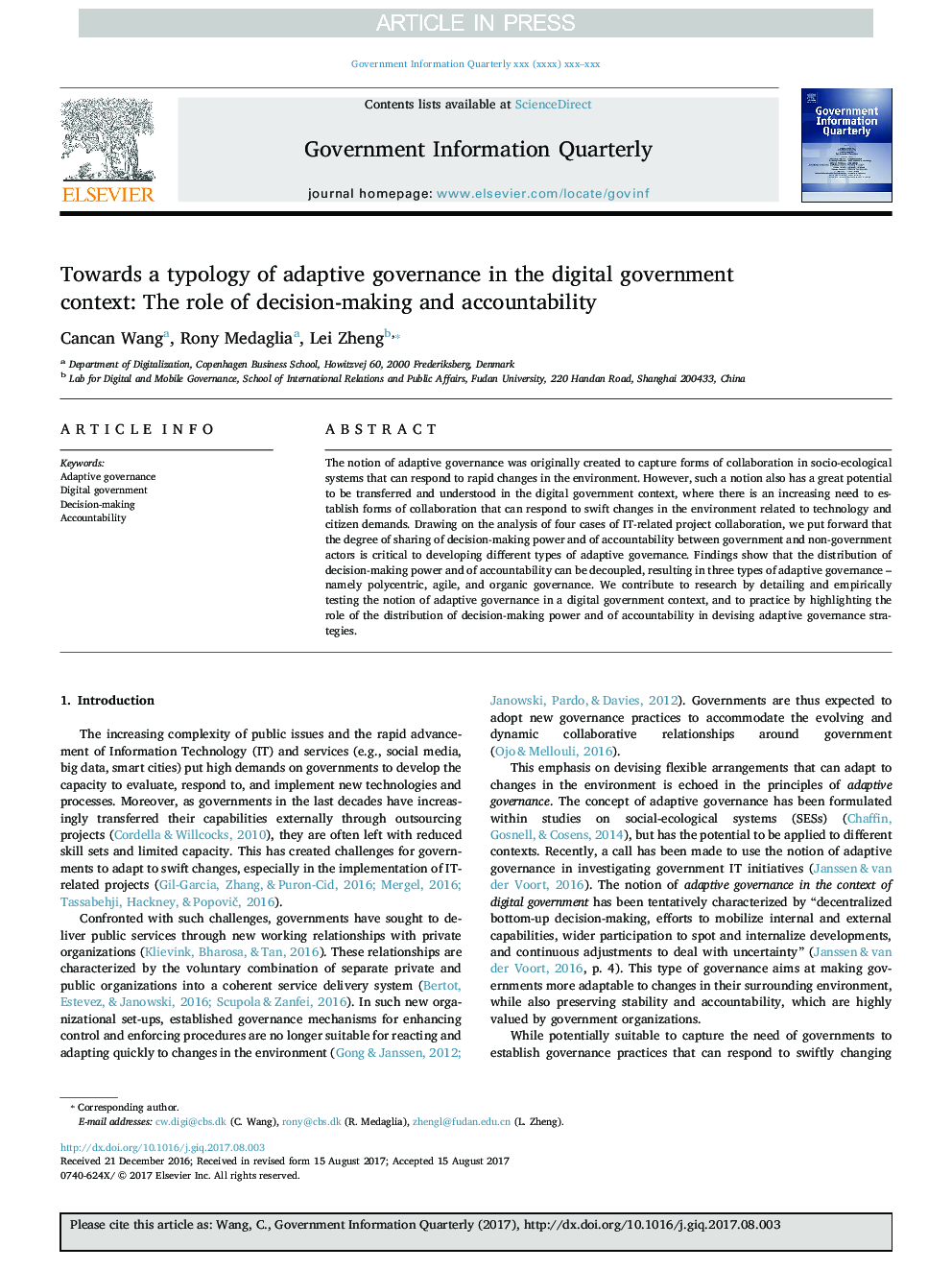 در راستای نوع شناسی حاکمیت سازگار در زمینه دولت دیجیتال: نقش تصمیم گیری و پاسخگویی 