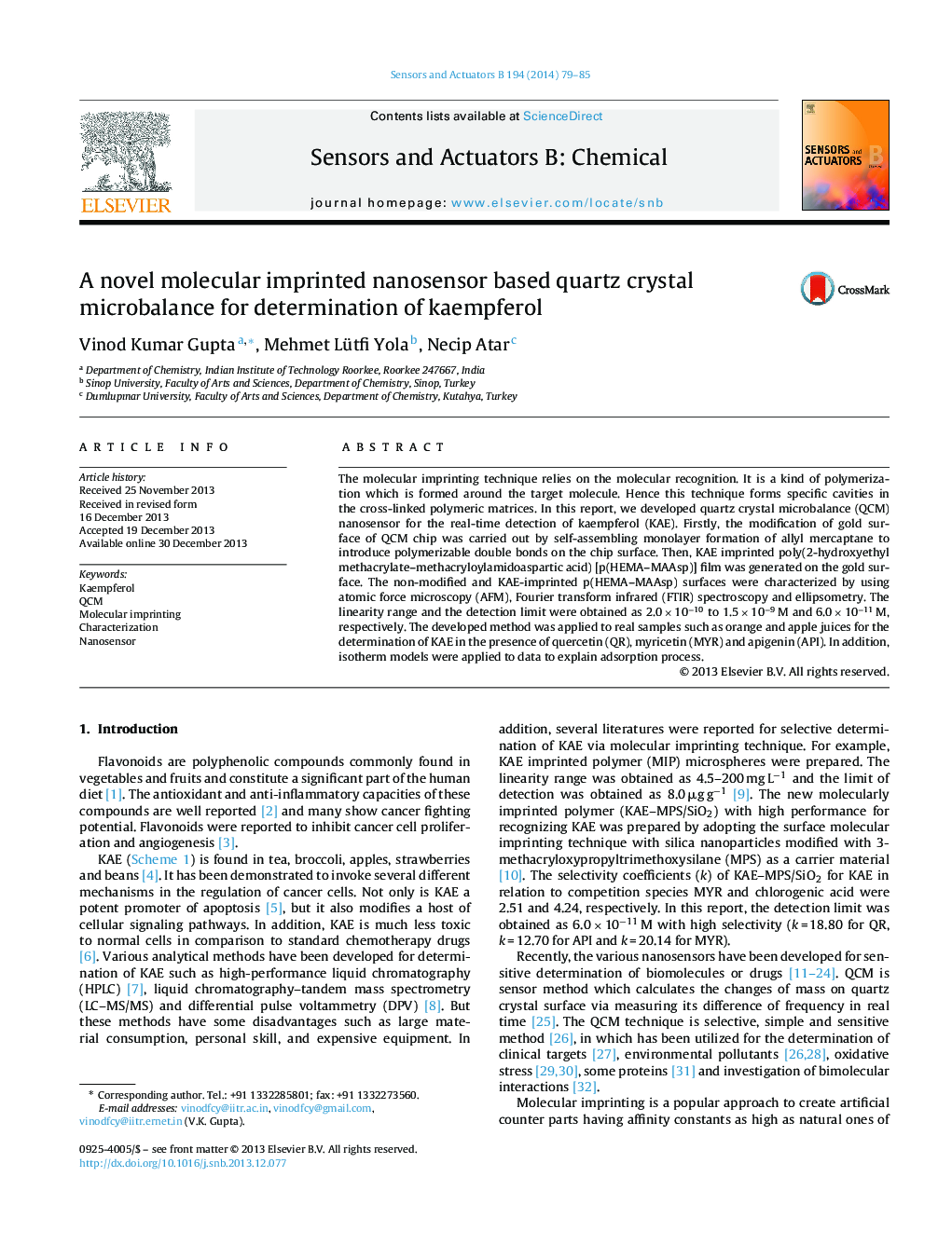 A novel molecular imprinted nanosensor based quartz crystal microbalance for determination of kaempferol