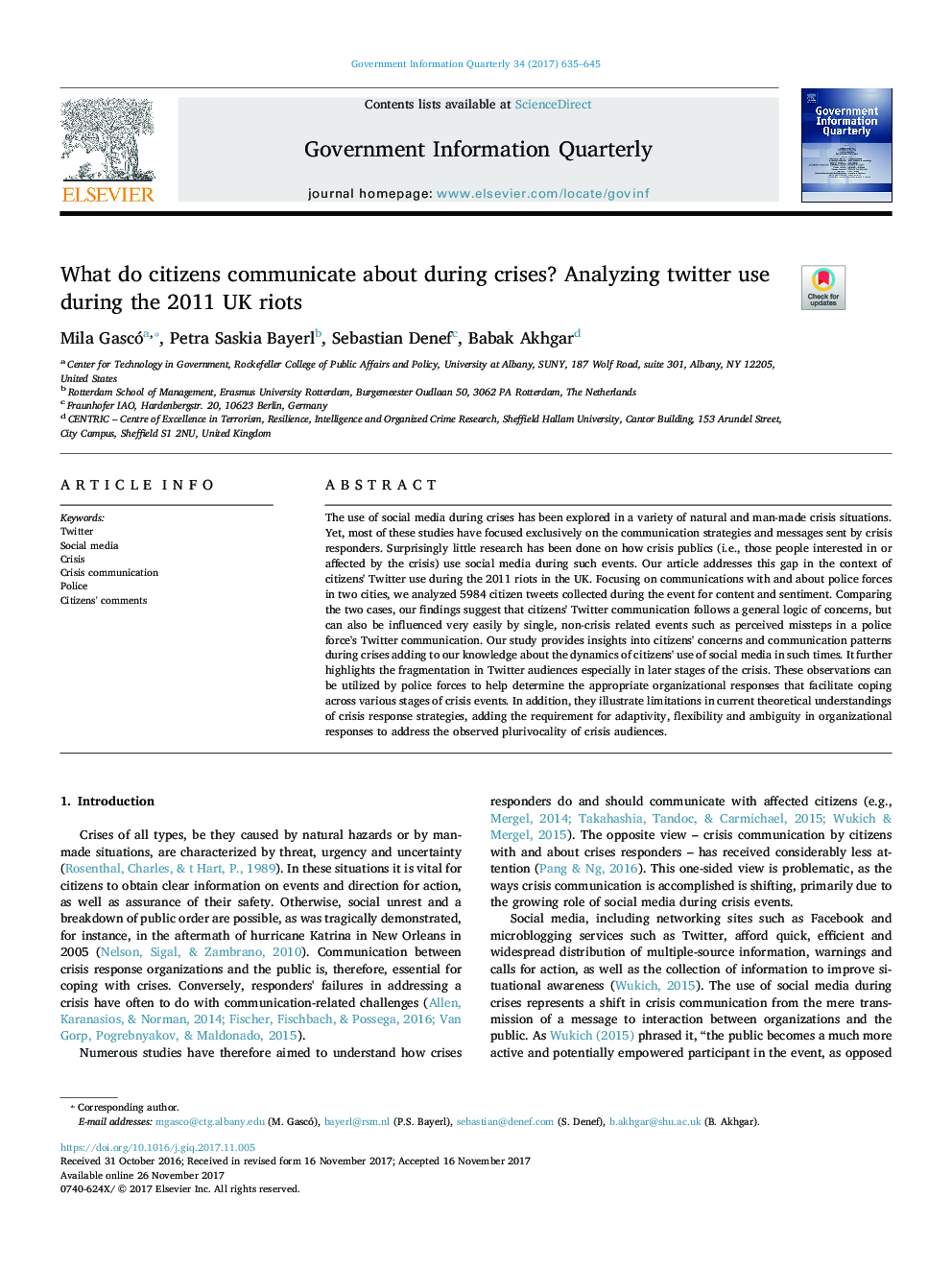 What do citizens communicate about during crises? Analyzing twitter use during the 2011 UK riots