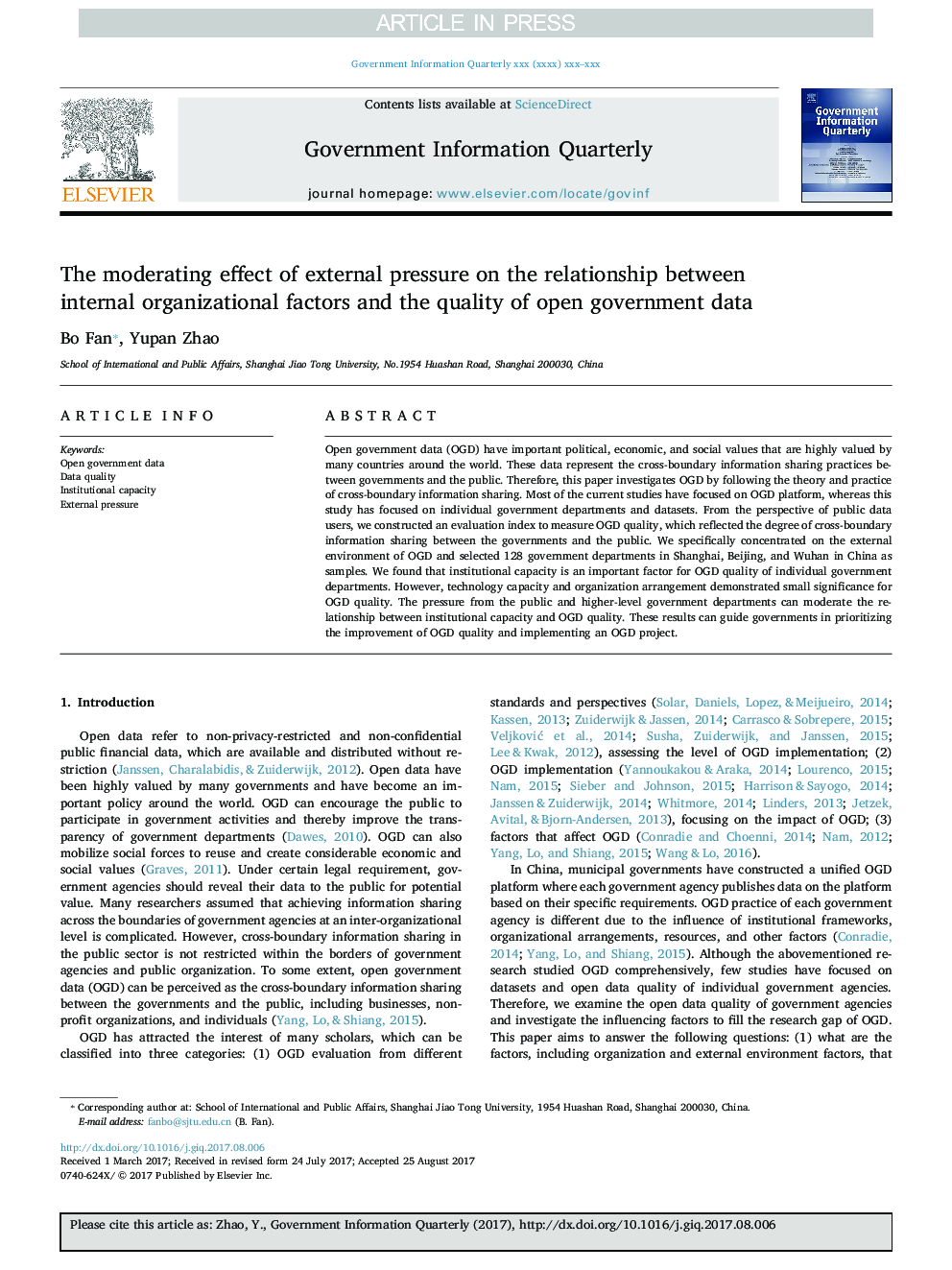 The moderating effect of external pressure on the relationship between internal organizational factors and the quality of open government data