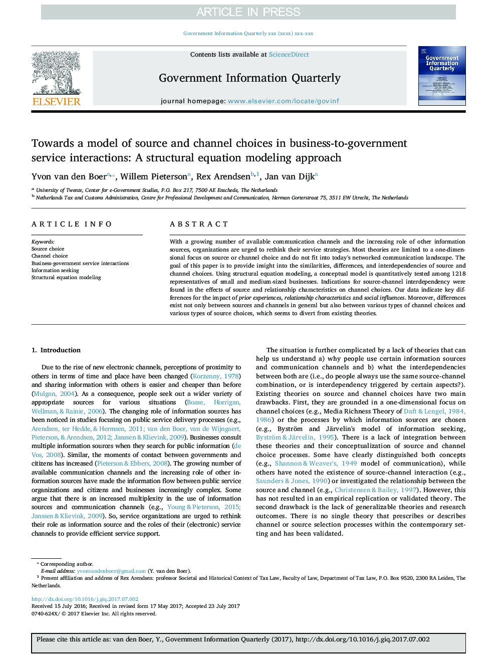 Towards a model of source and channel choices in business-to-government service interactions: A structural equation modeling approach