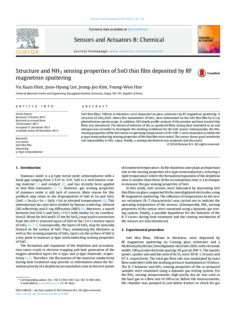 Structure and NH3 sensing properties of SnO thin film deposited by RF magnetron sputtering