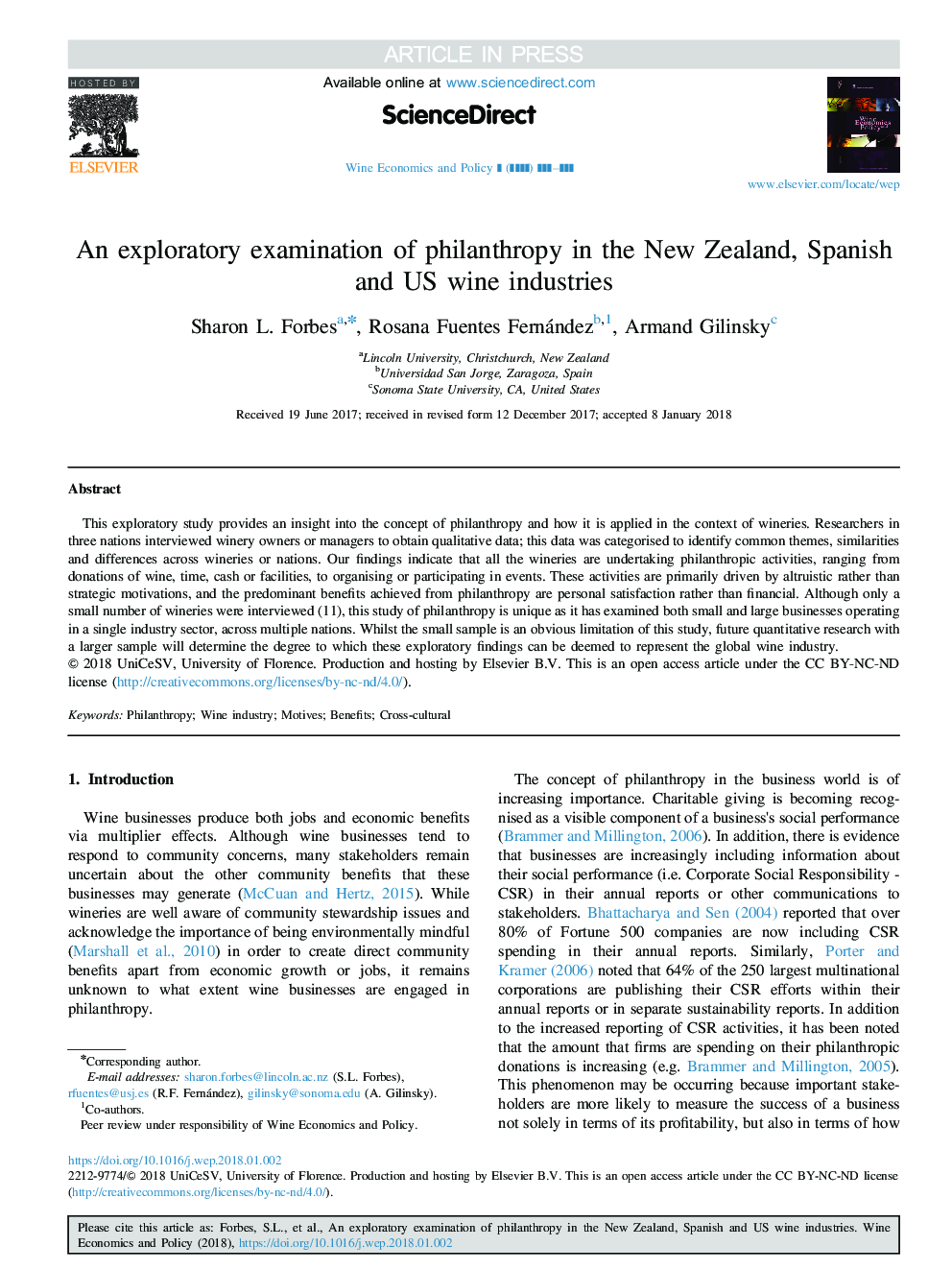 An exploratory examination of philanthropy in the New Zealand, Spanish and US wine industries