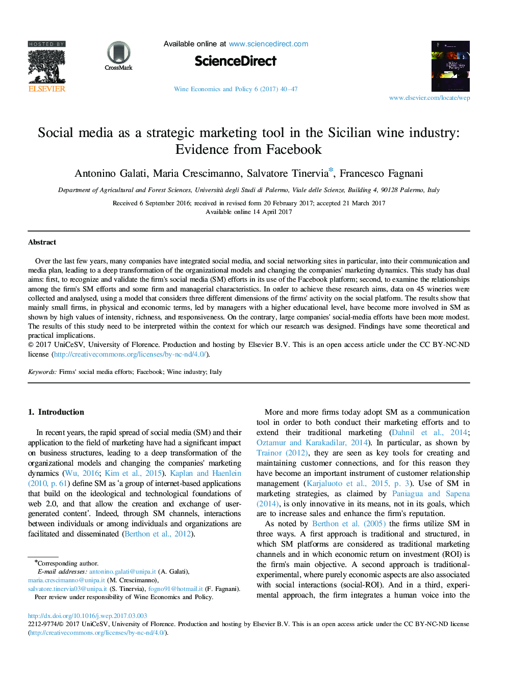 Social media as a strategic marketing tool in the Sicilian wine industry: Evidence from Facebook