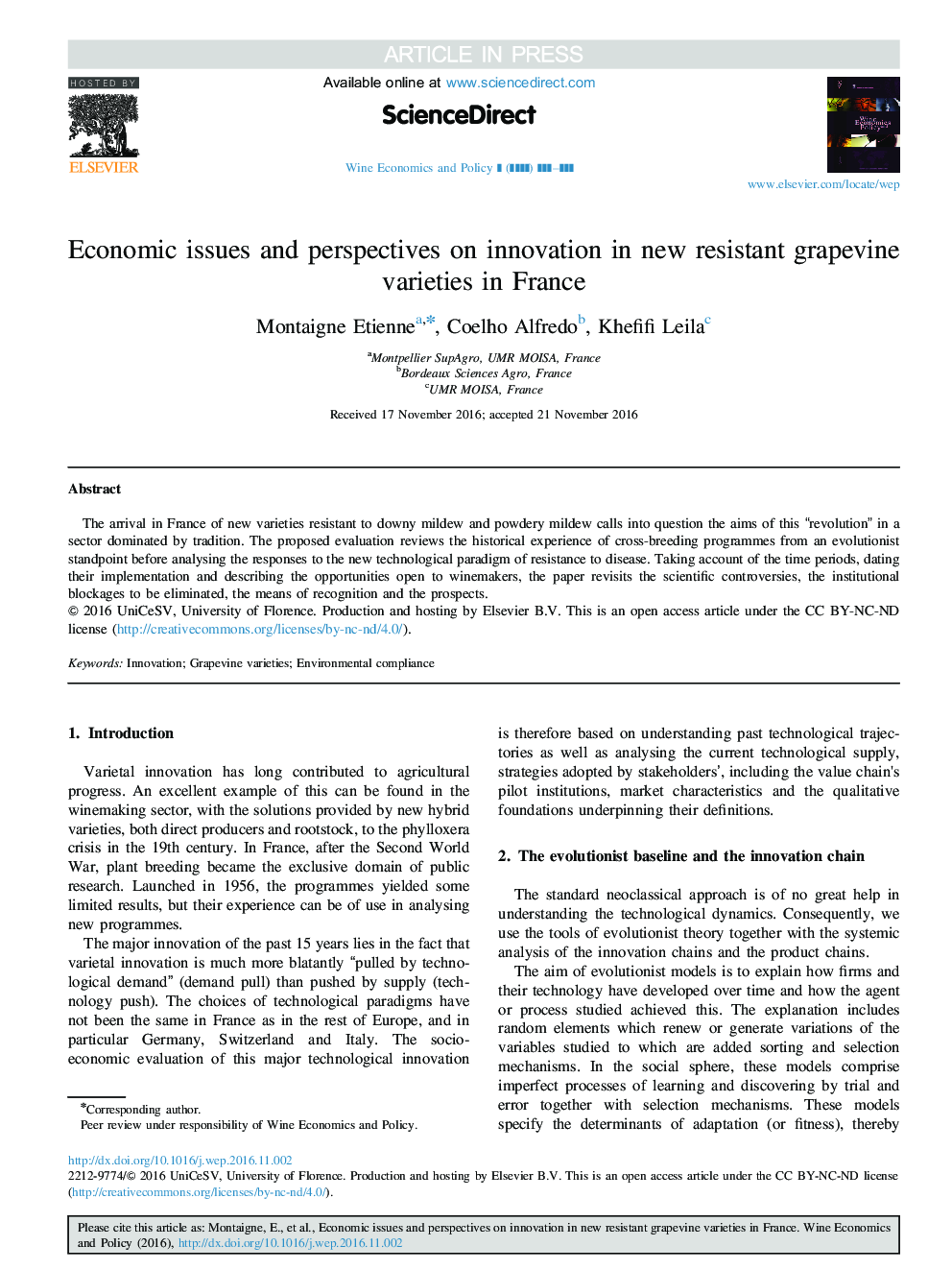 Economic issues and perspectives on innovation in new resistant grapevine varieties in France