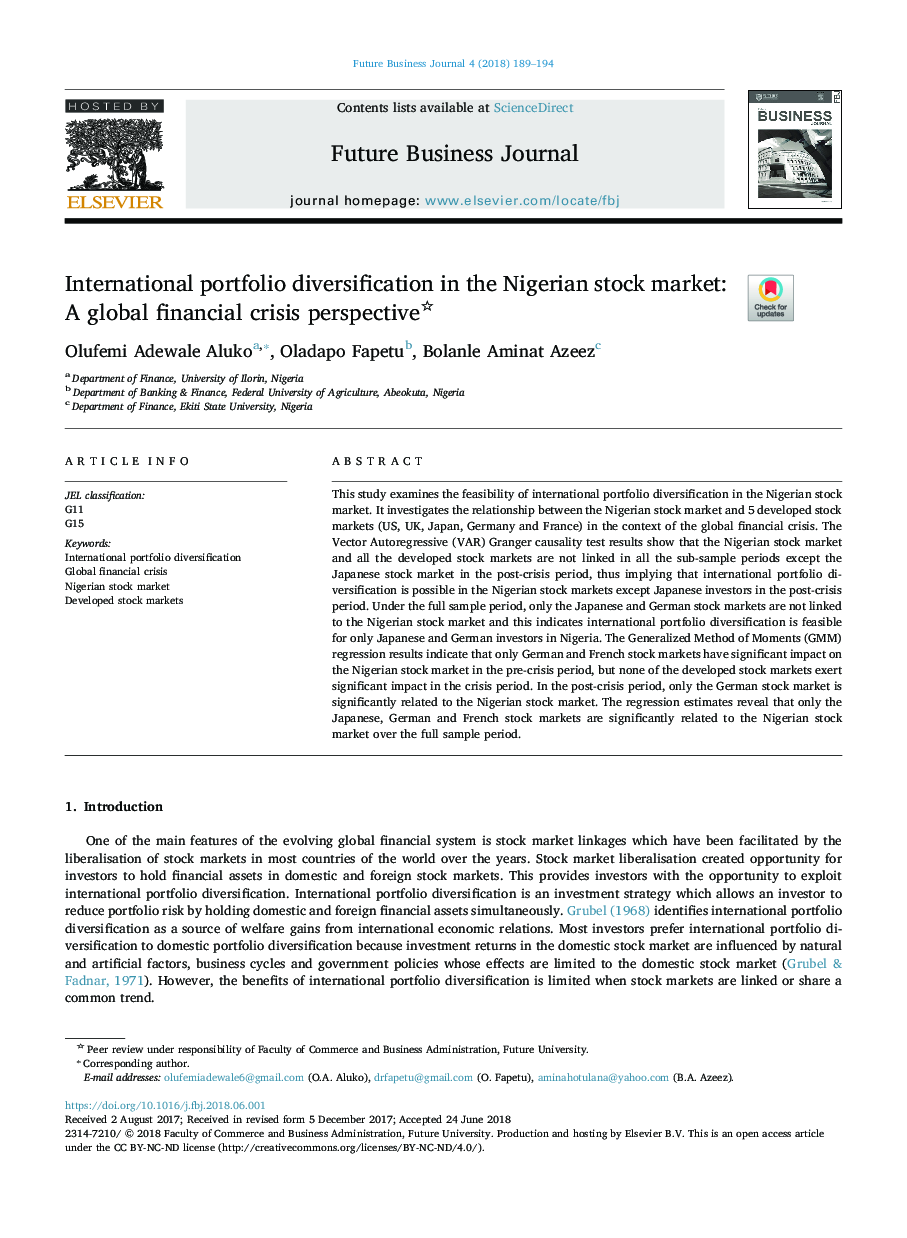 International portfolio diversification in the Nigerian stock market: A global financial crisis perspective