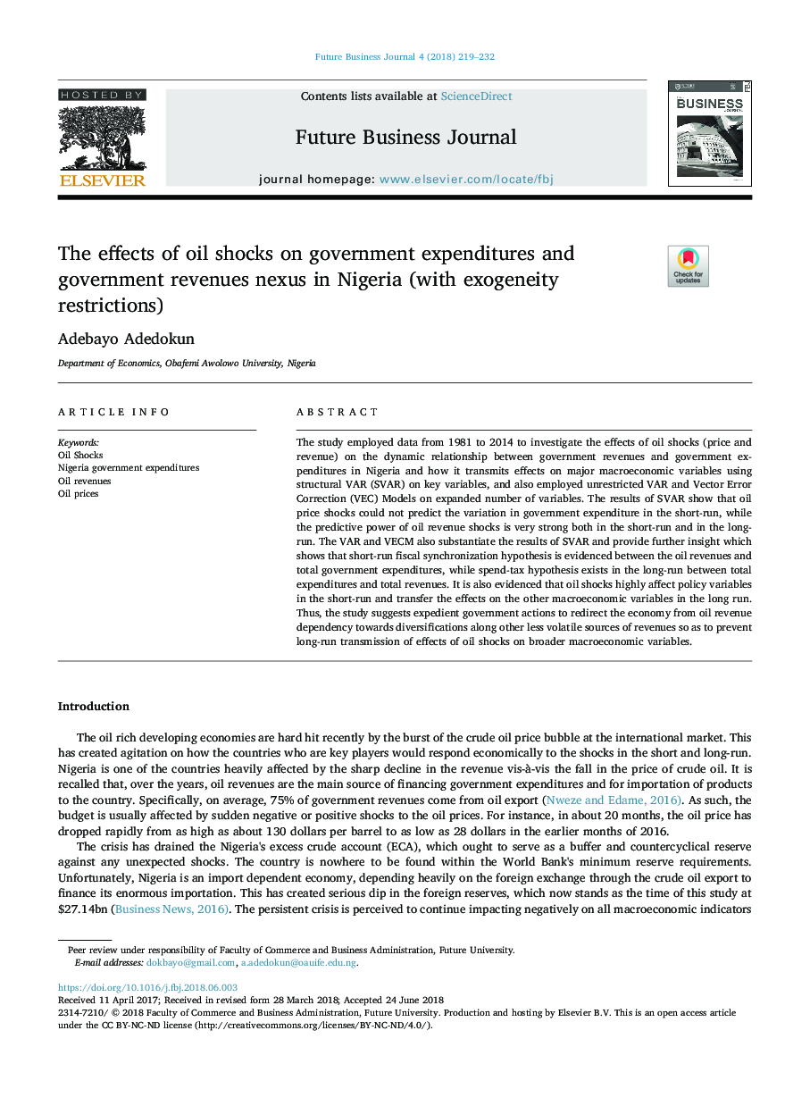 The effects of oil shocks on government expenditures and government revenues nexus in Nigeria (with exogeneity restrictions)