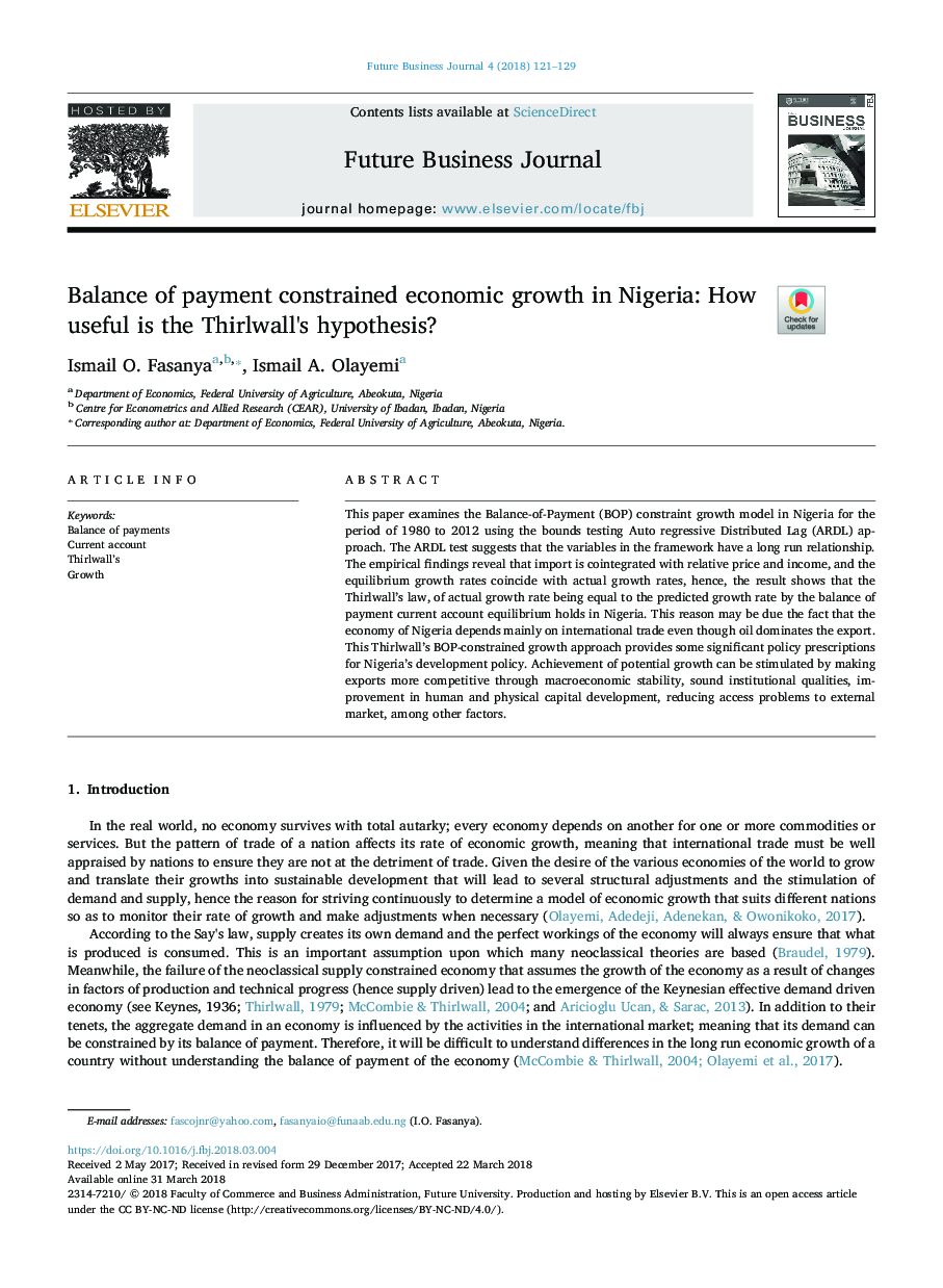 Balance of payment constrained economic growth in Nigeria: How useful is the Thirlwall's hypothesis?