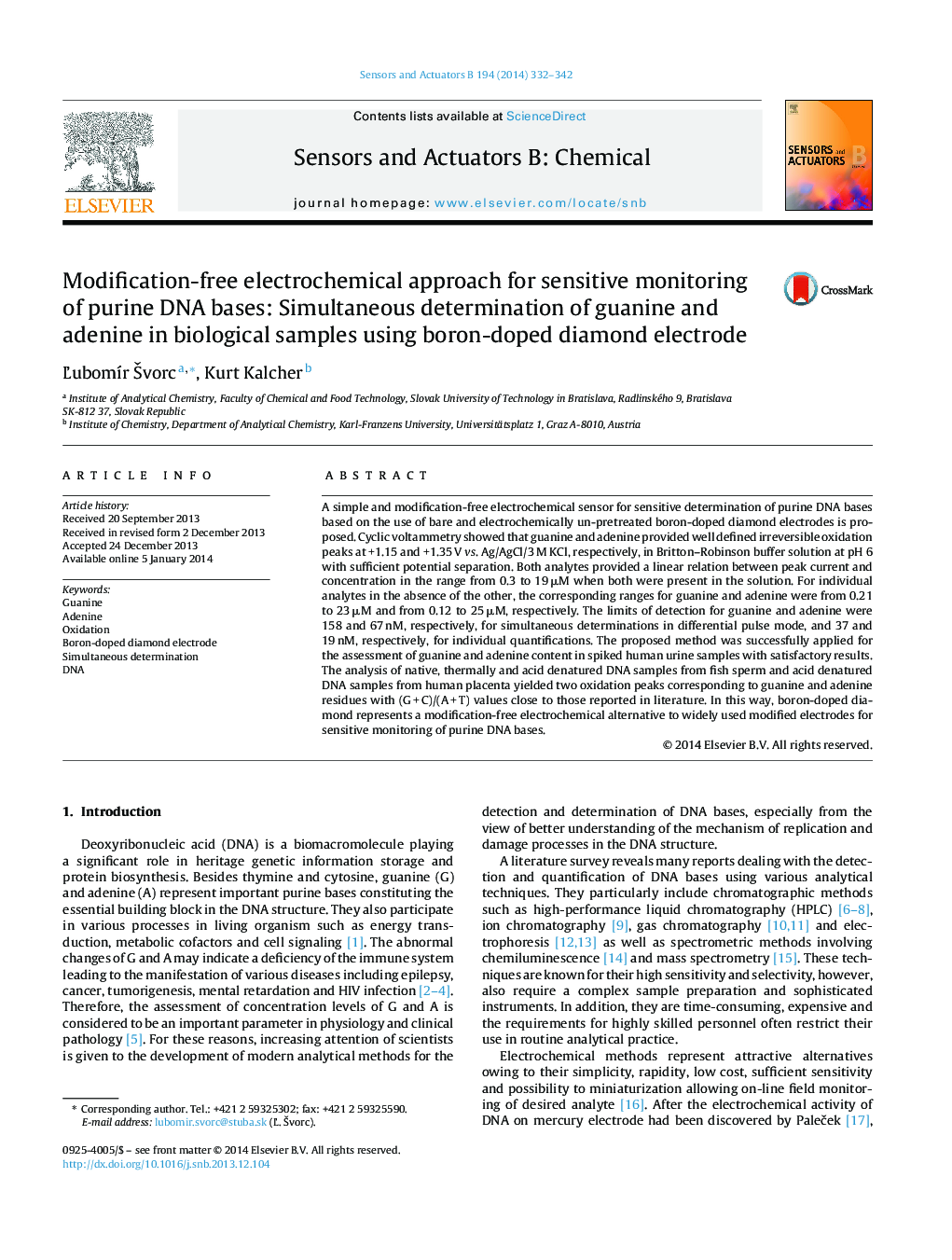 Modification-free electrochemical approach for sensitive monitoring of purine DNA bases: Simultaneous determination of guanine and adenine in biological samples using boron-doped diamond electrode