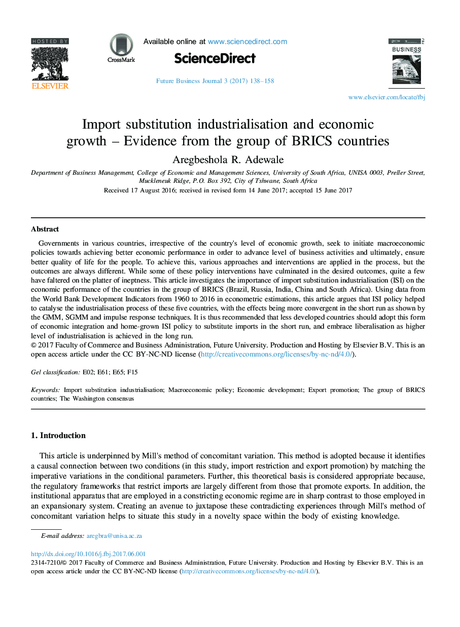 Import substitution industrialisation and economic growth - Evidence from the group of BRICS countries