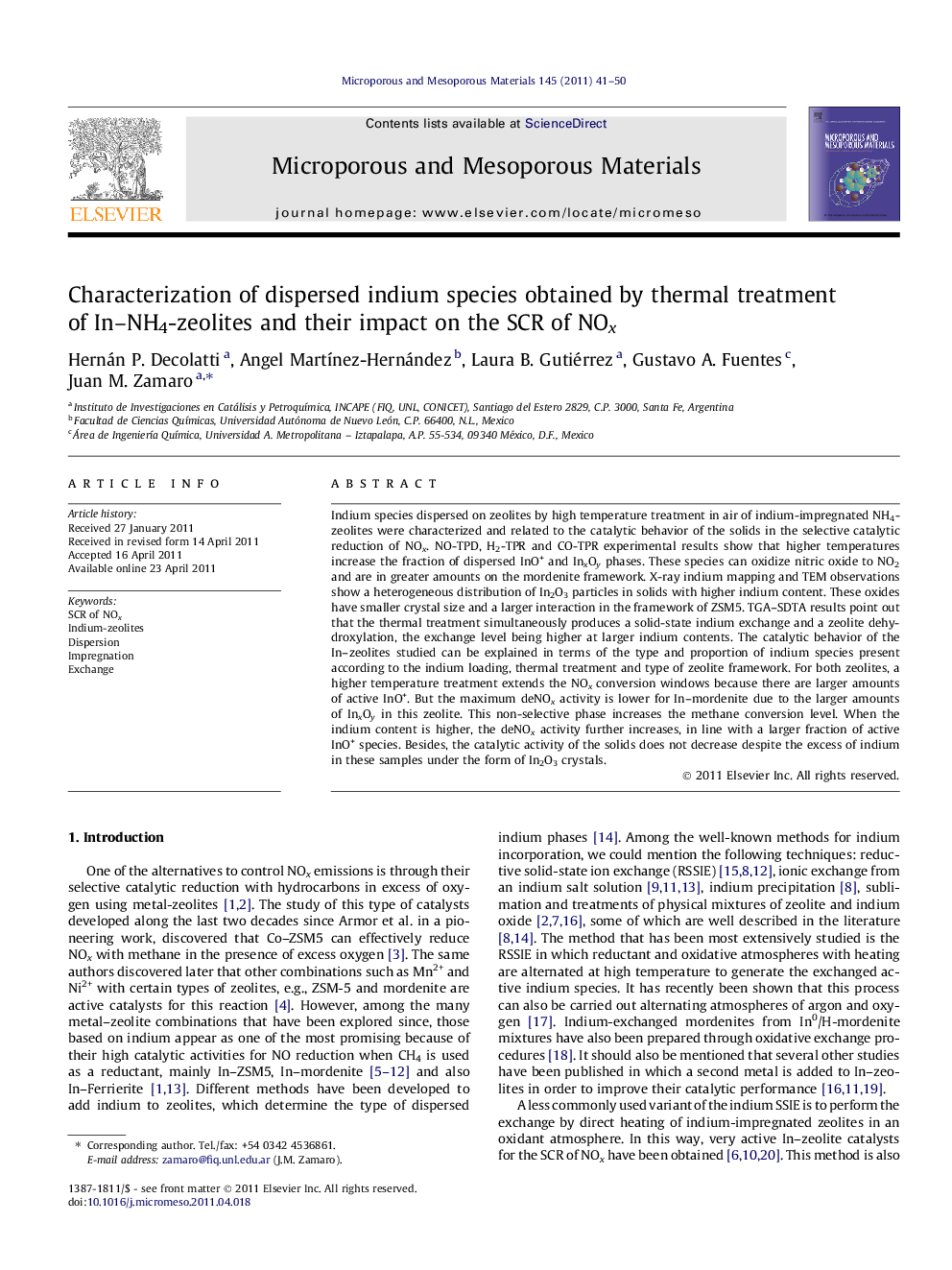 Characterization of dispersed indium species obtained by thermal treatment of In–NH4-zeolites and their impact on the SCR of NOx