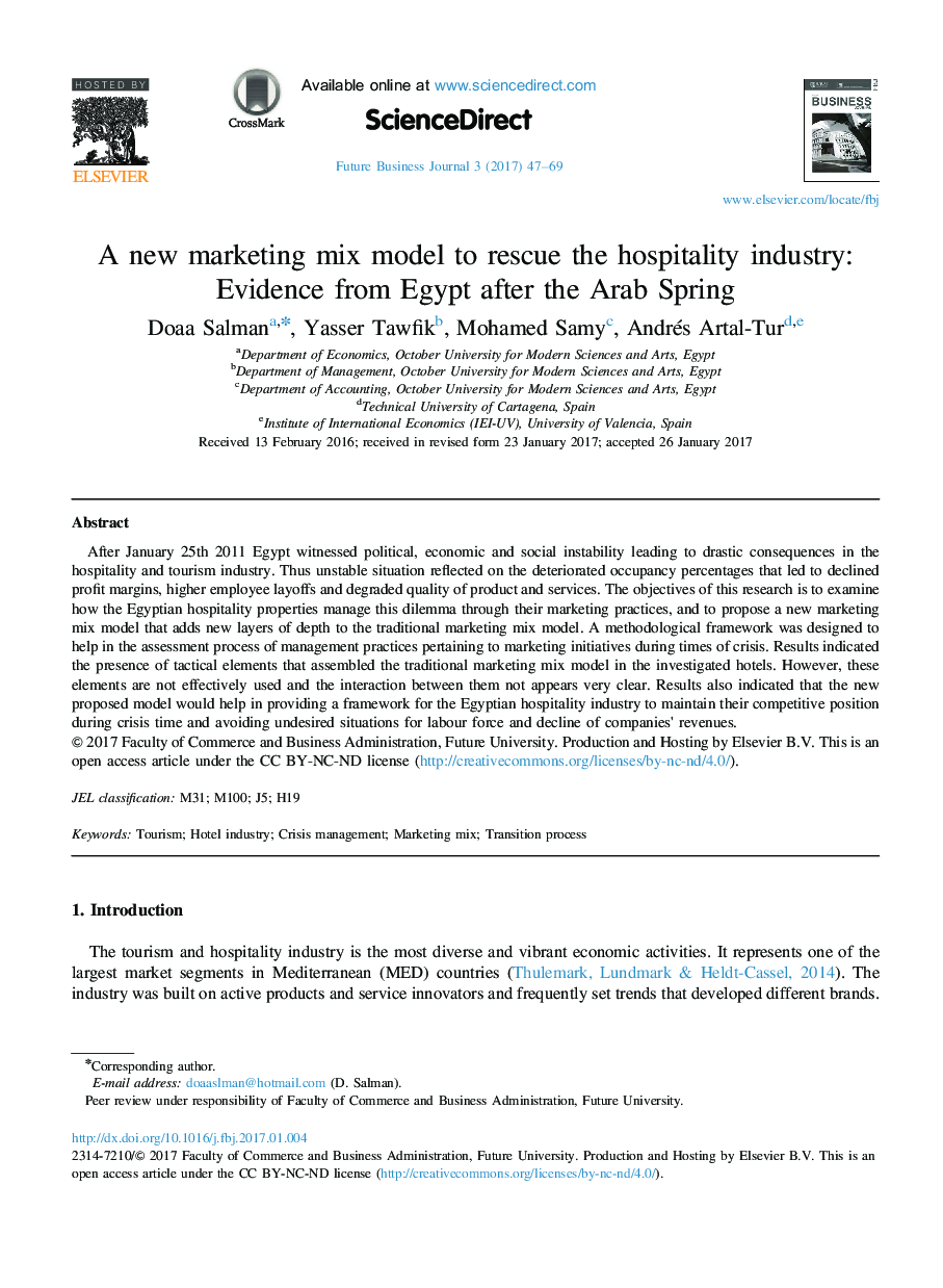 A new marketing mix model to rescue the hospitality industry: Evidence from Egypt after the Arab Spring