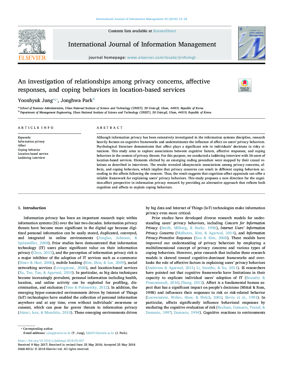 An investigation of relationships among privacy concerns, affective responses, and coping behaviors in location-based services