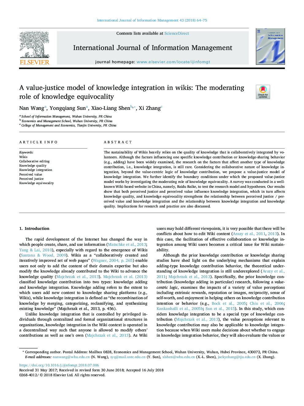 A value-justice model of knowledge integration in wikis: The moderating role of knowledge equivocality