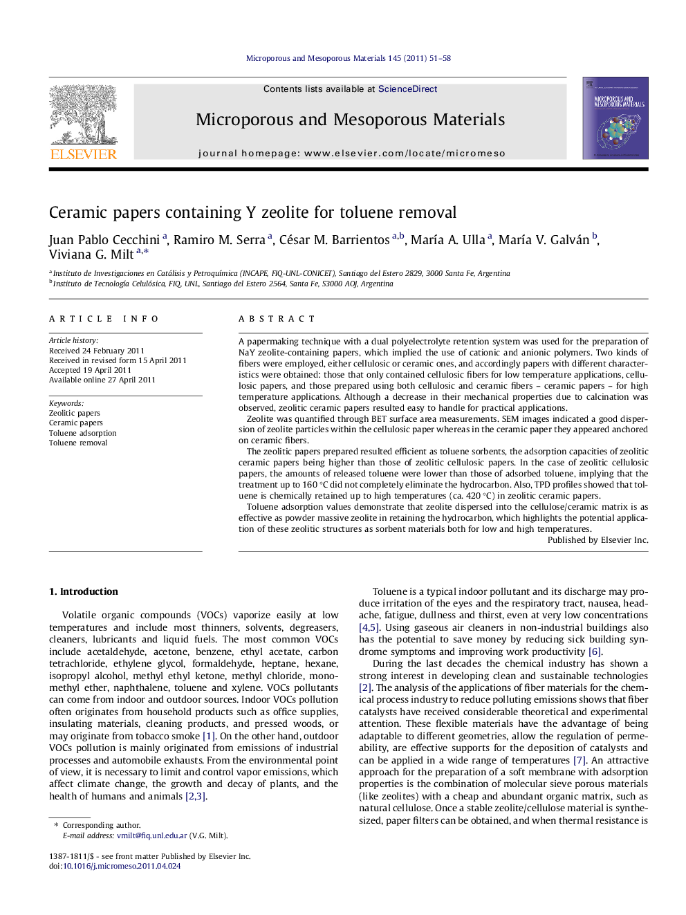 Ceramic papers containing Y zeolite for toluene removal