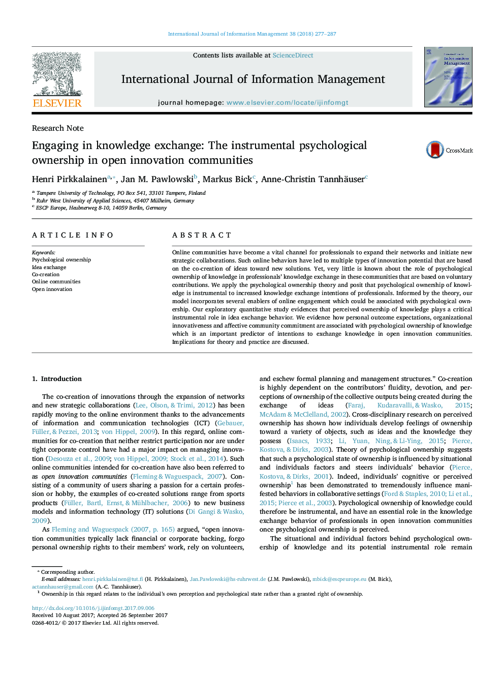 Engaging in knowledge exchange: The instrumental psychological ownership in open innovation communities