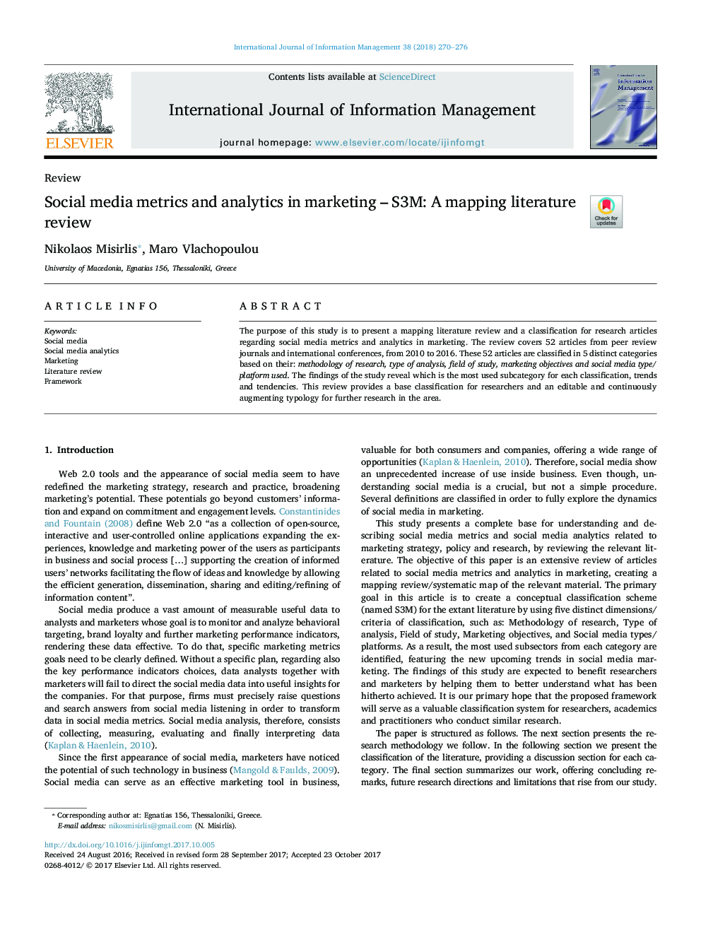 Social media metrics and analytics in marketing - S3M: A mapping literature review