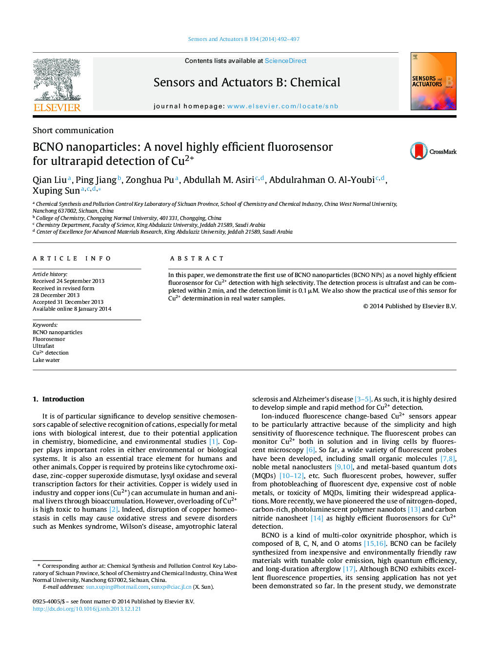 BCNO nanoparticles: A novel highly efficient fluorosensor for ultrarapid detection of Cu2+