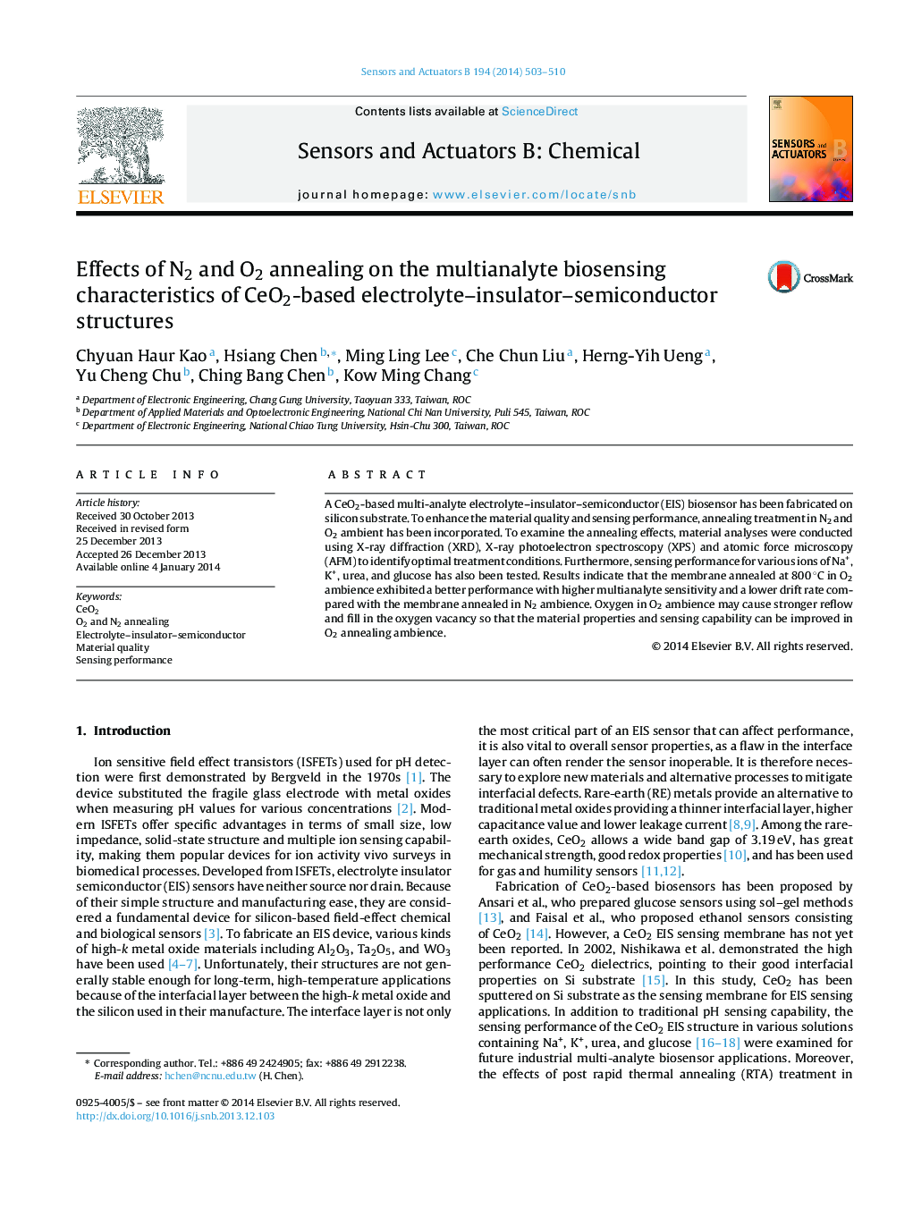 Effects of N2 and O2 annealing on the multianalyte biosensing characteristics of CeO2-based electrolyte–insulator–semiconductor structures