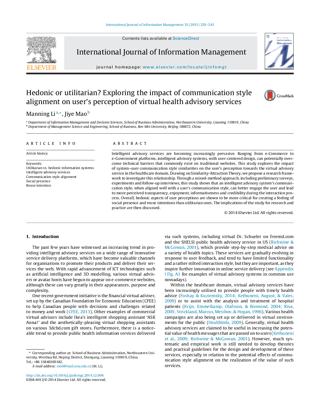 Hedonic or utilitarian? Exploring the impact of communication style alignment on user's perception of virtual health advisory services