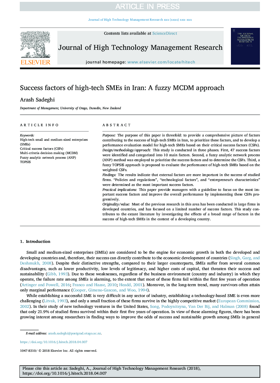 Success factors of high-tech SMEs in Iran: A fuzzy MCDM approach