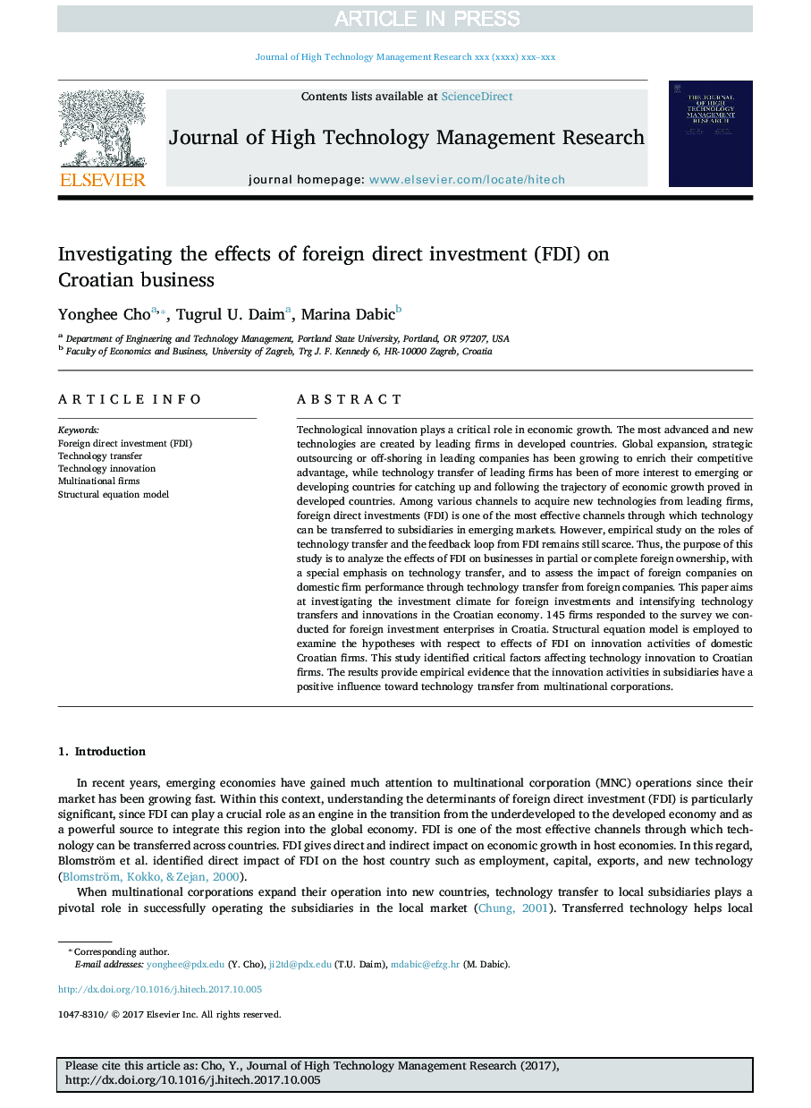 Investigating the effects of foreign direct investment (FDI) on Croatian business