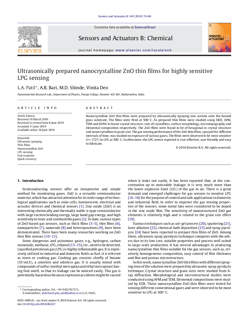 Ultrasonically prepared nanocrystalline ZnO thin films for highly sensitive LPG sensing