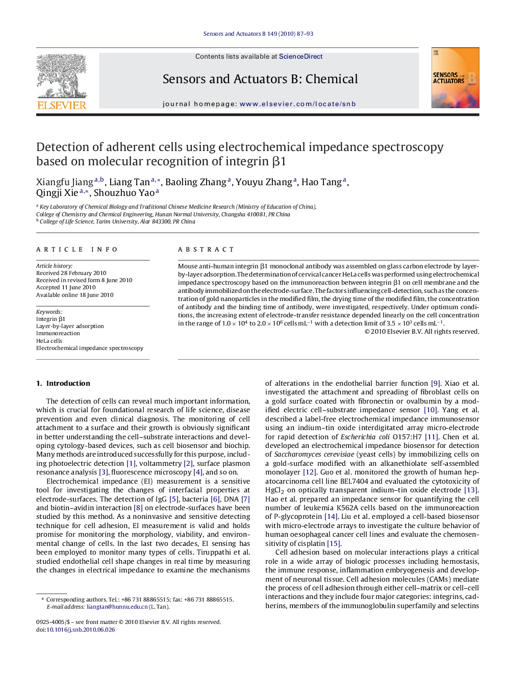 Detection of adherent cells using electrochemical impedance spectroscopy based on molecular recognition of integrin β1