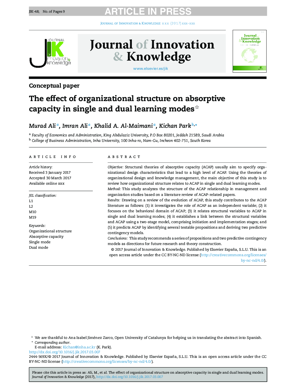 The effect of organizational structure on absorptive capacity in single and dual learning modes