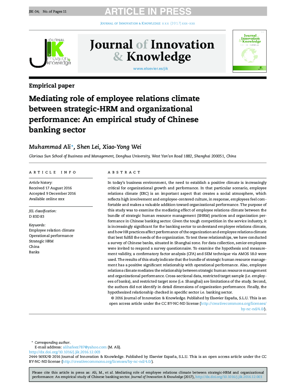The mediating role of the employee relations climate in the relationship between strategic HRM and organizational performance in Chinese banks