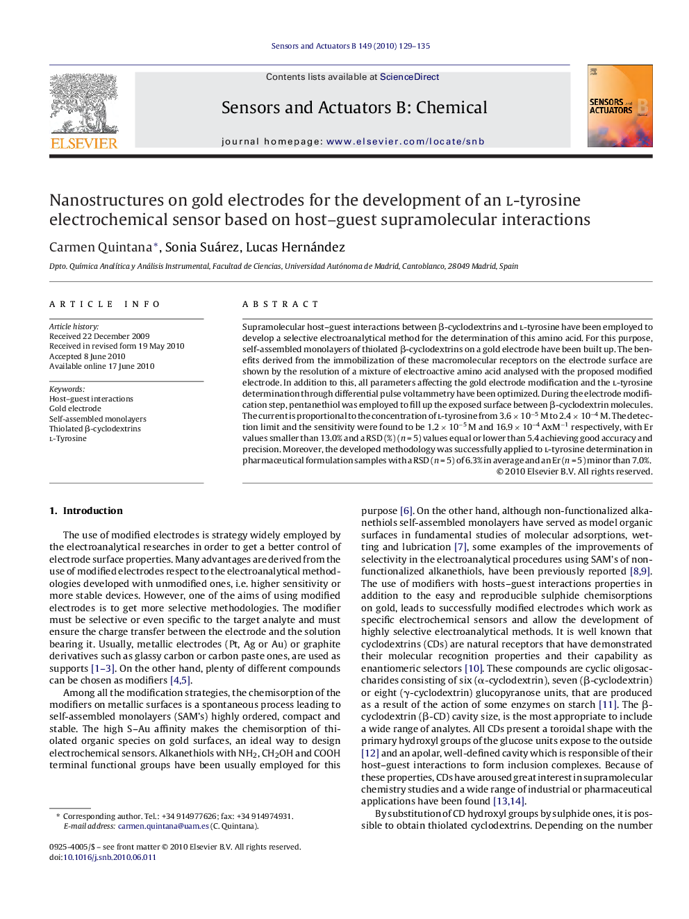 Nanostructures on gold electrodes for the development of an l-tyrosine electrochemical sensor based on host–guest supramolecular interactions