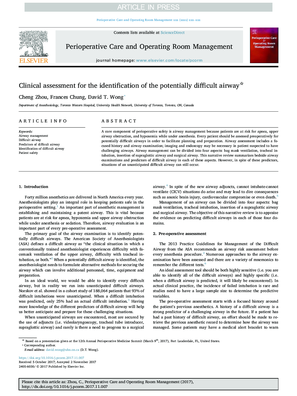 Clinical assessment for the identification of the potentially difficult airway