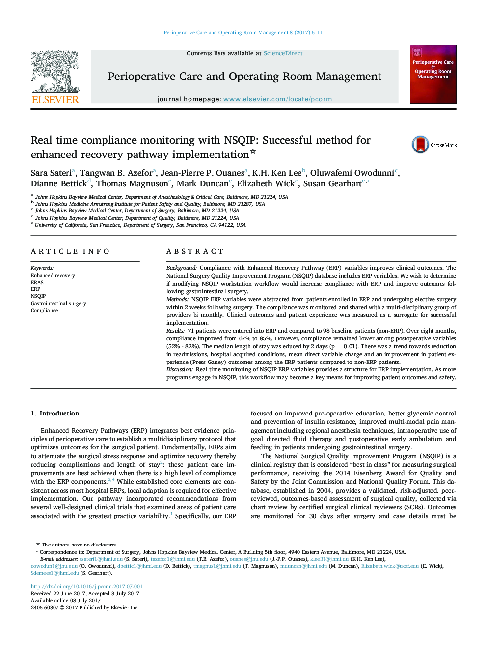 Real time compliance monitoring with NSQIP: Successful method for enhanced recovery pathway implementation