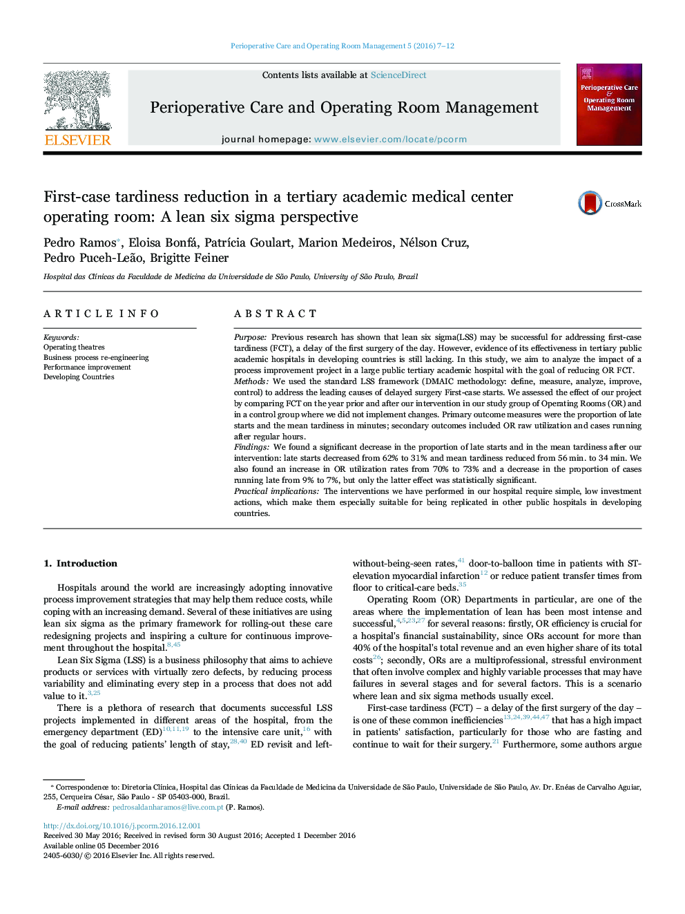 First-case tardiness reduction in a tertiary academic medical center operating room: A lean six sigma perspective