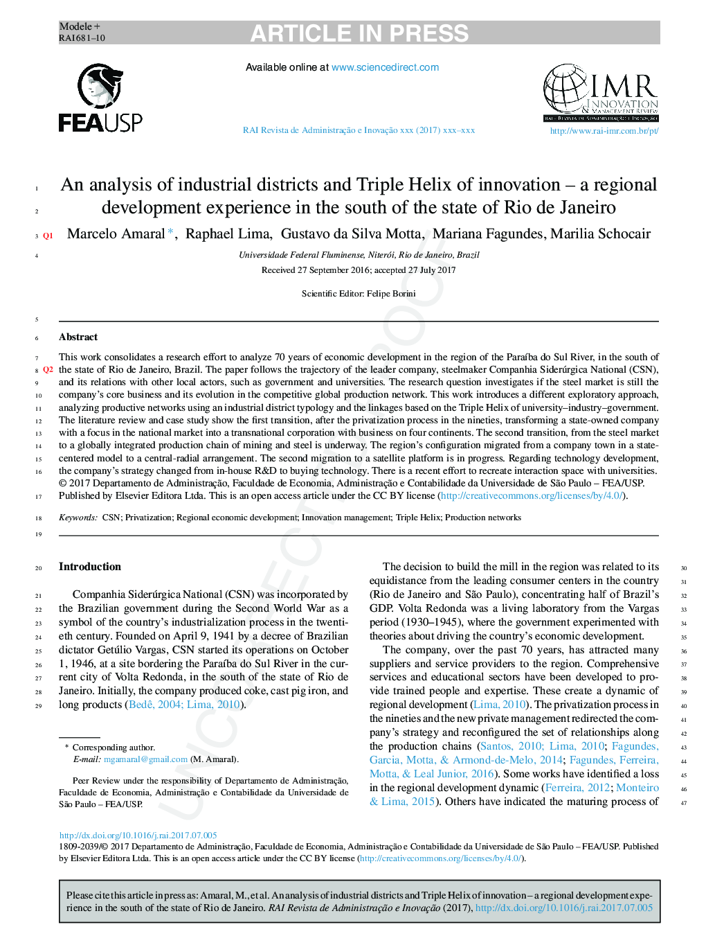 An analysis of industrial districts and Triple Helix of innovation - a regional development experience in the south of the state of Rio de Janeiro