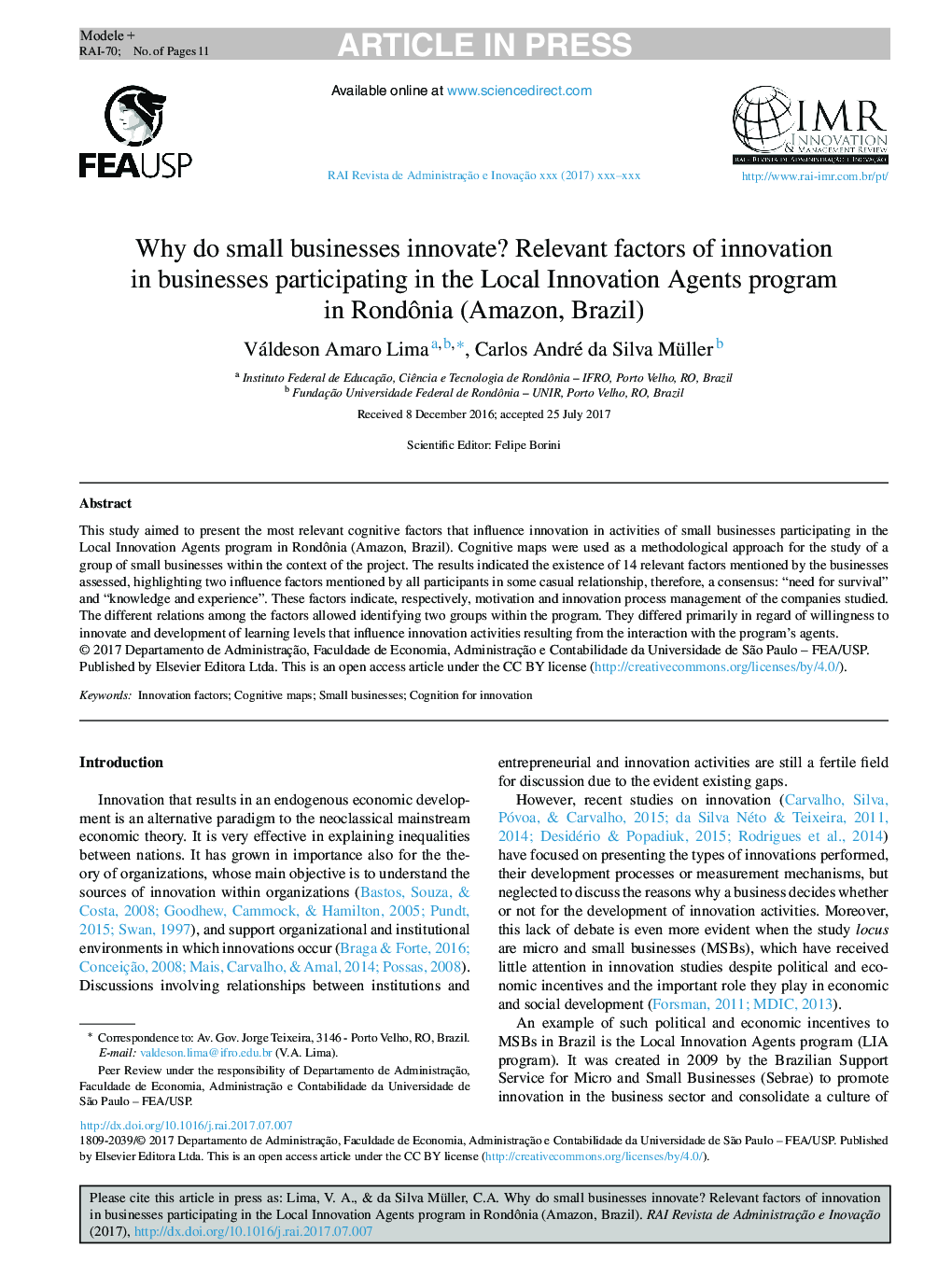 Why do small businesses innovate? Relevant factors of innovation in businesses participating in the Local Innovation Agents program in RondÃ´nia (Amazon, Brazil)