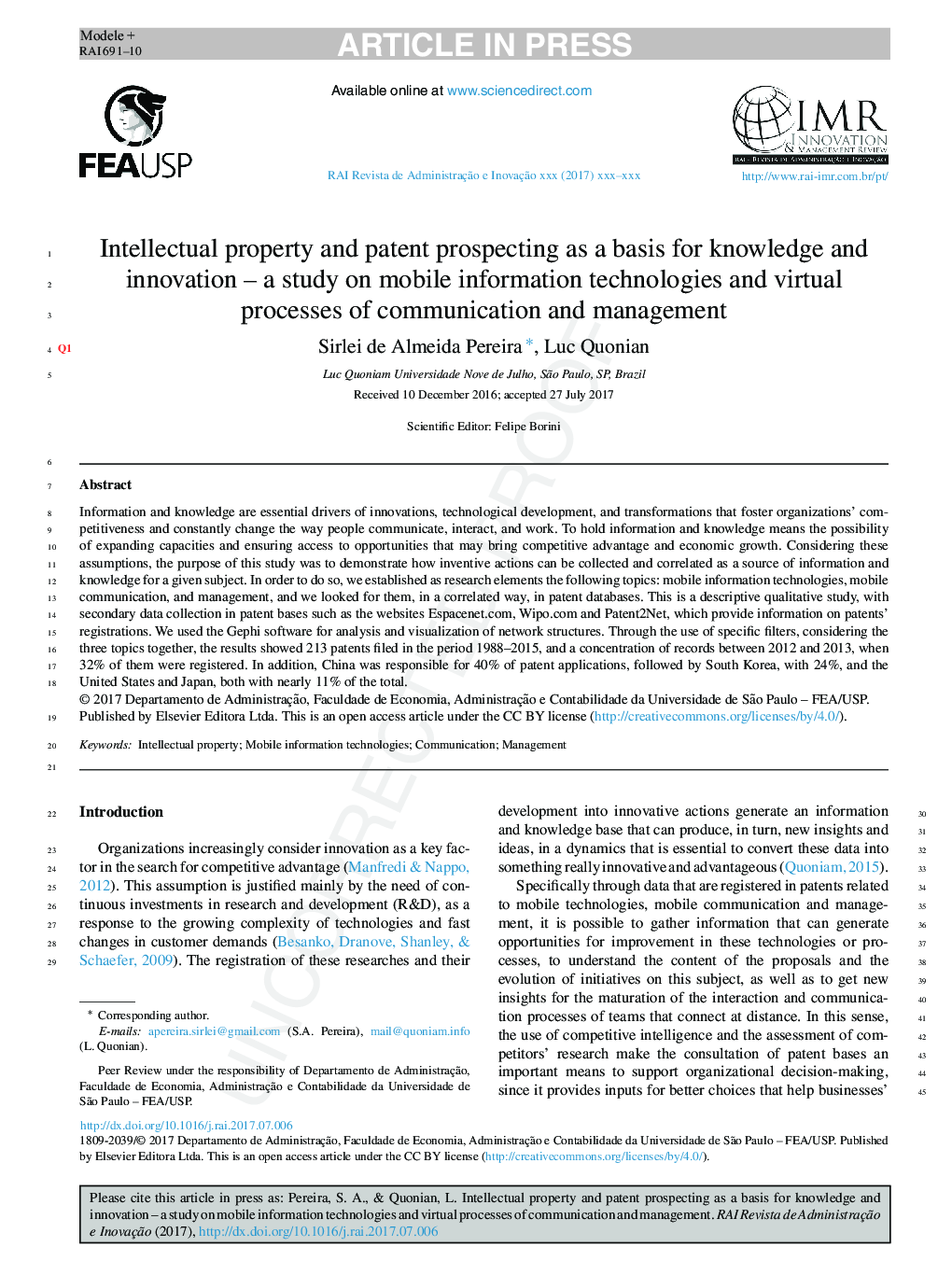 Intellectual property and patent prospecting as a basis for knowledge and innovation - a study on mobile information technologies and virtual processes of communication and management