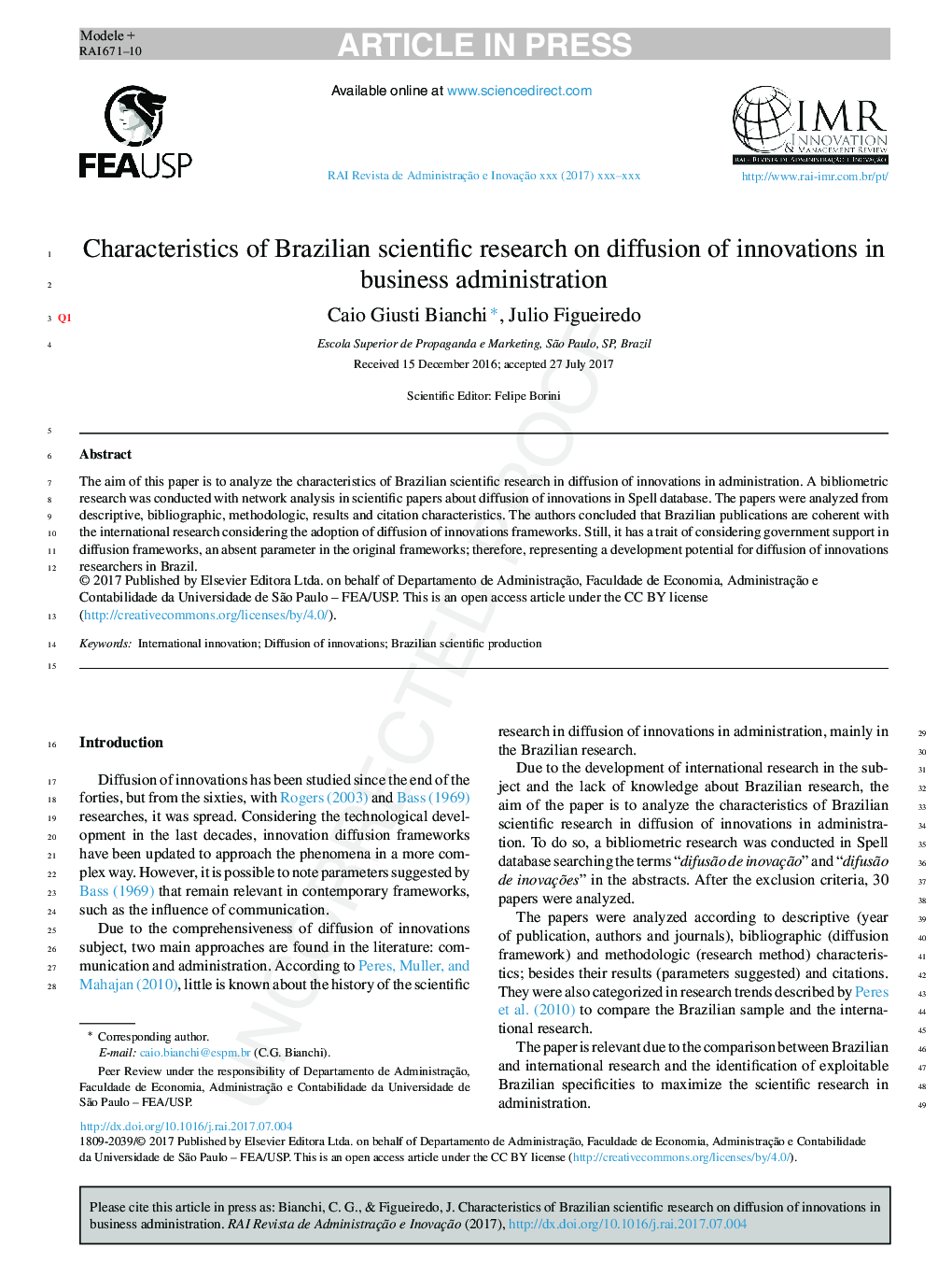 Characteristics of Brazilian scientific research on diffusion of innovations in business administration