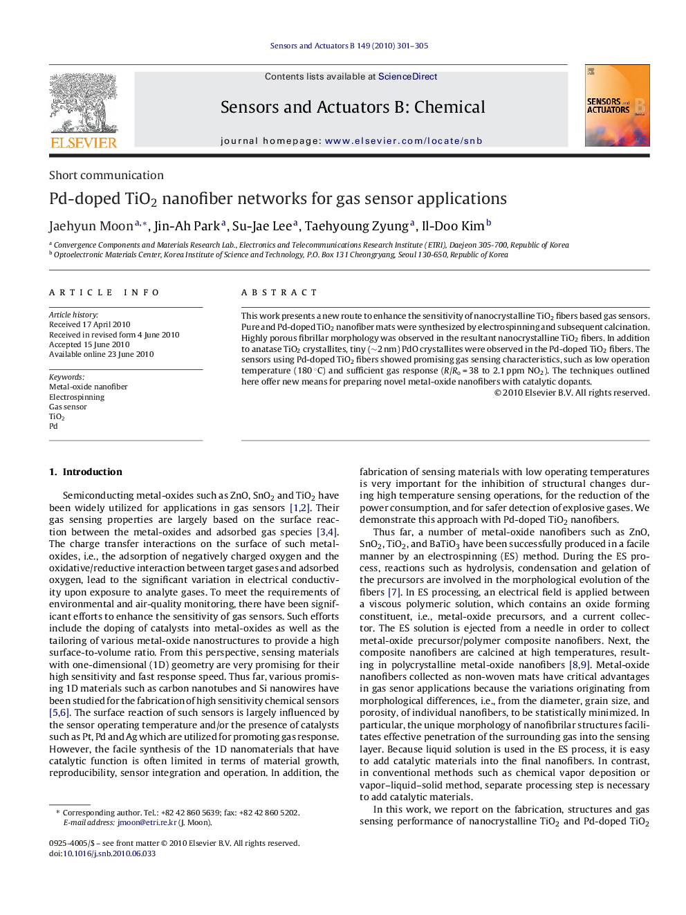 عکس صفحه اول مقاله: Pd-doped TiO2 nanofiber networks for gas sensor applications Pd-doped TiO2 nanofiber networks for gas sensor applications