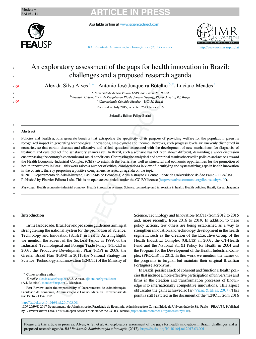 An exploratory assessment of the gaps for health innovation in Brazil: challenges and a proposed research agenda