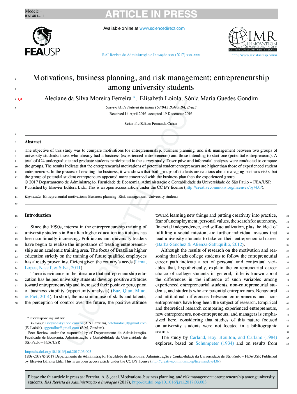 Motivations, business planning, and risk management: entrepreneurship among university students