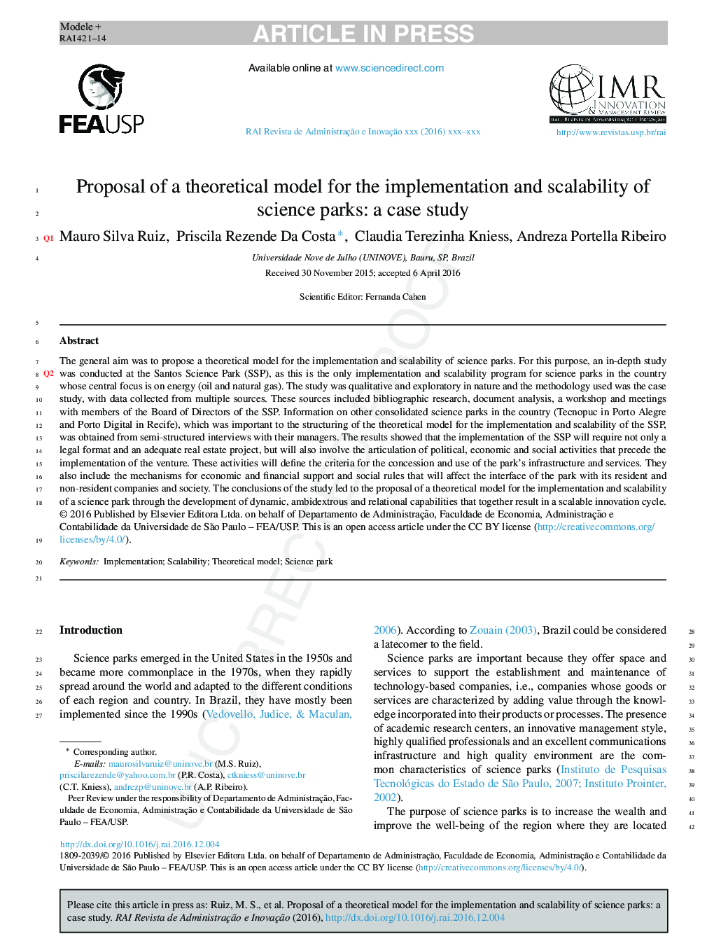 Proposal of a theoretical model for the implementation and scalability of science parks: a case study