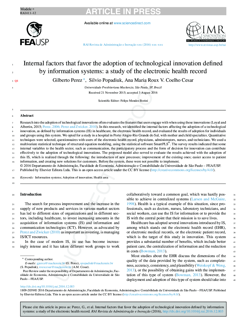 Internal factors that favor the adoption of technological innovation defined by information systems: a study of the electronic health record